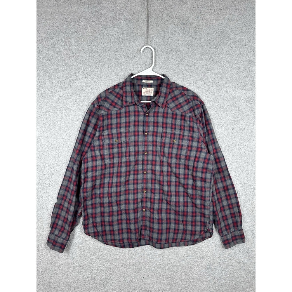 Lucky Brand Shirt XL Gray Red Plaid Pearl Snap Western Cowboy Flannel Button Up